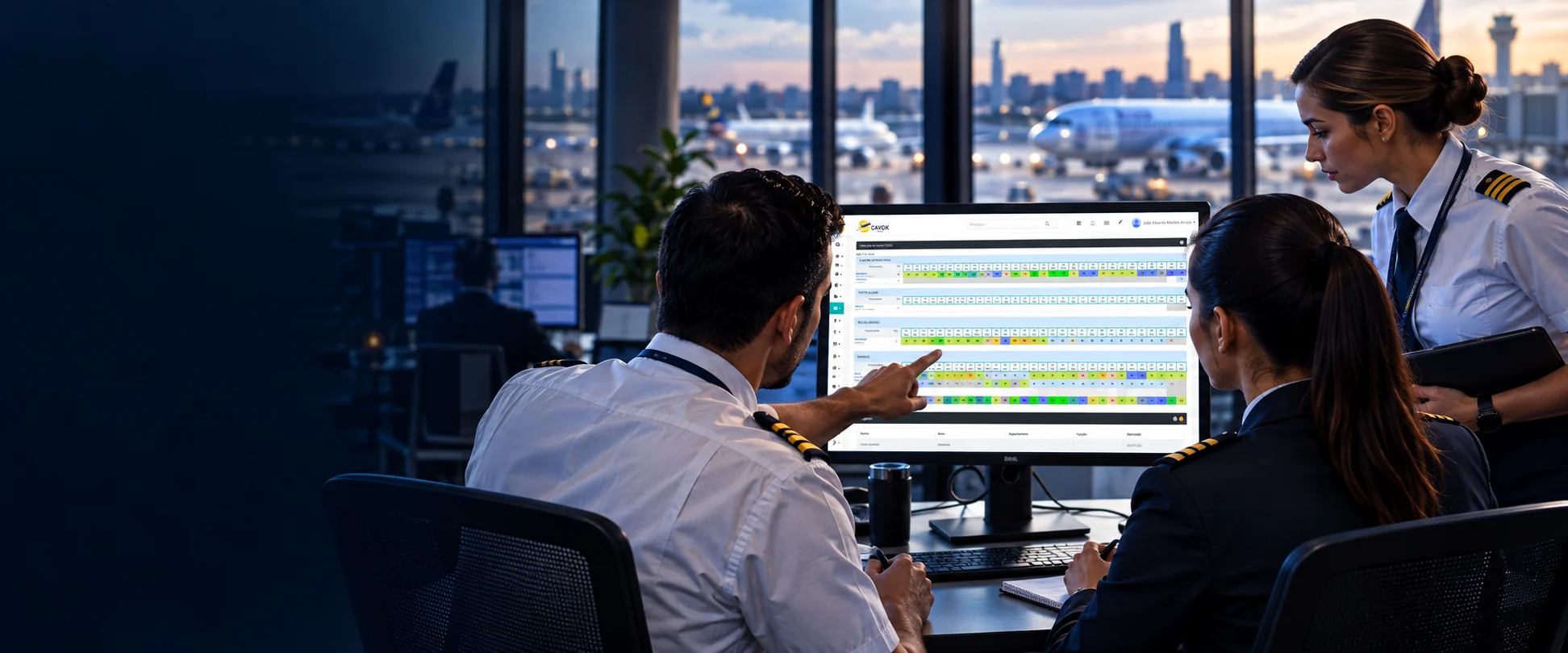 Aviation professionals organizing work schedules on a digital dashboard